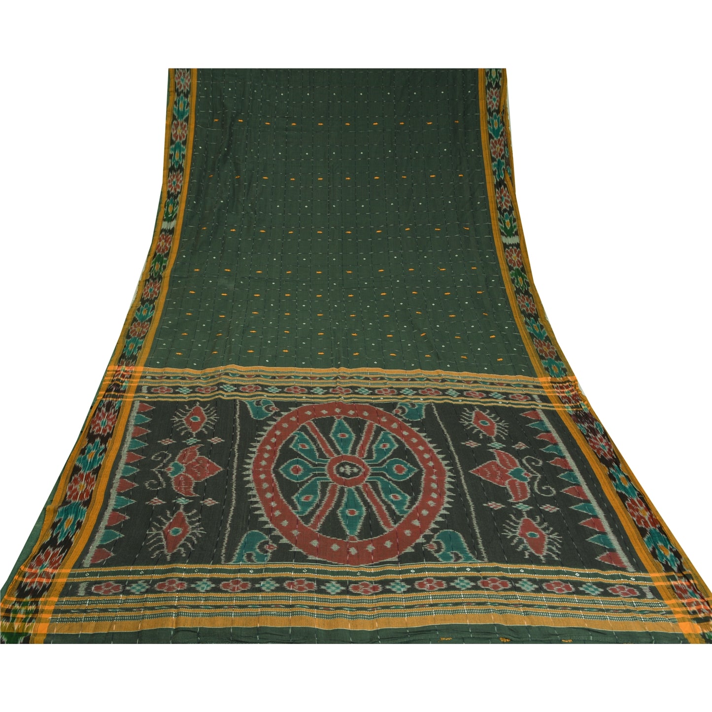 Sanskriti Vintage Odisha Pure Cotton Sarees Green Woven Hand Ikat Sari Fabric
