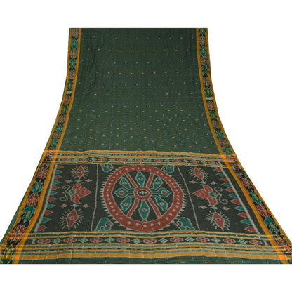 Sanskriti Vintage Odisha Pure Cotton Sarees Green Woven Hand Ikat Sari Fabric