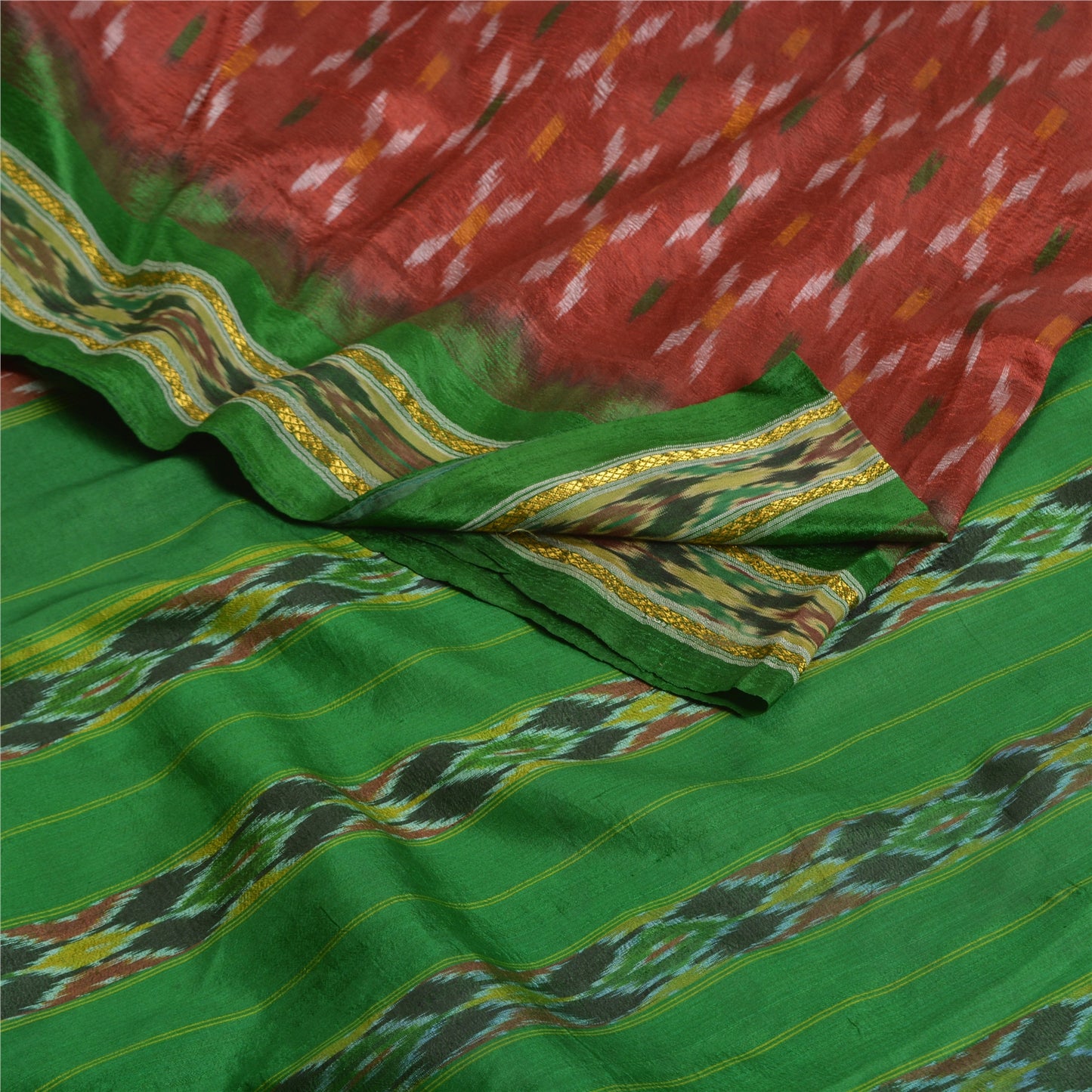 Sanskriti Vintage Sari 100% Pure Silk Red Sarees Woven Ikat 5yd Craft Fabric upholstery fabric