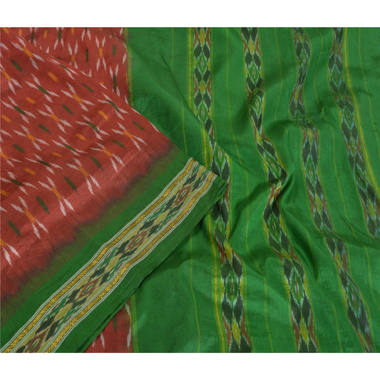 Sanskriti vintage Red Sarees Pochampally Pure Silk Woven Ikat Sari Craft Fabric