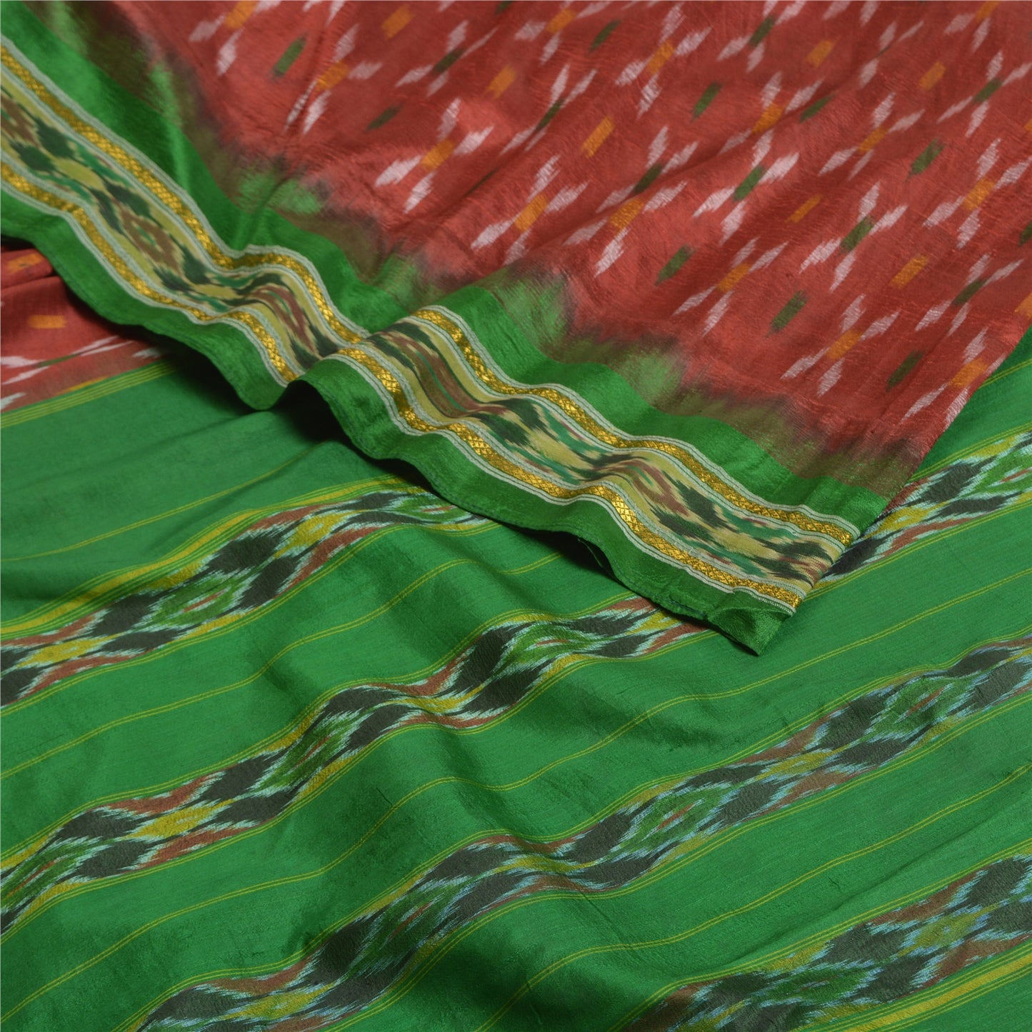 Sanskriti Vintage Sari 100% Pure Silk Red Sarees Woven Ikat 5yd Craft Fabric upholstery fabric