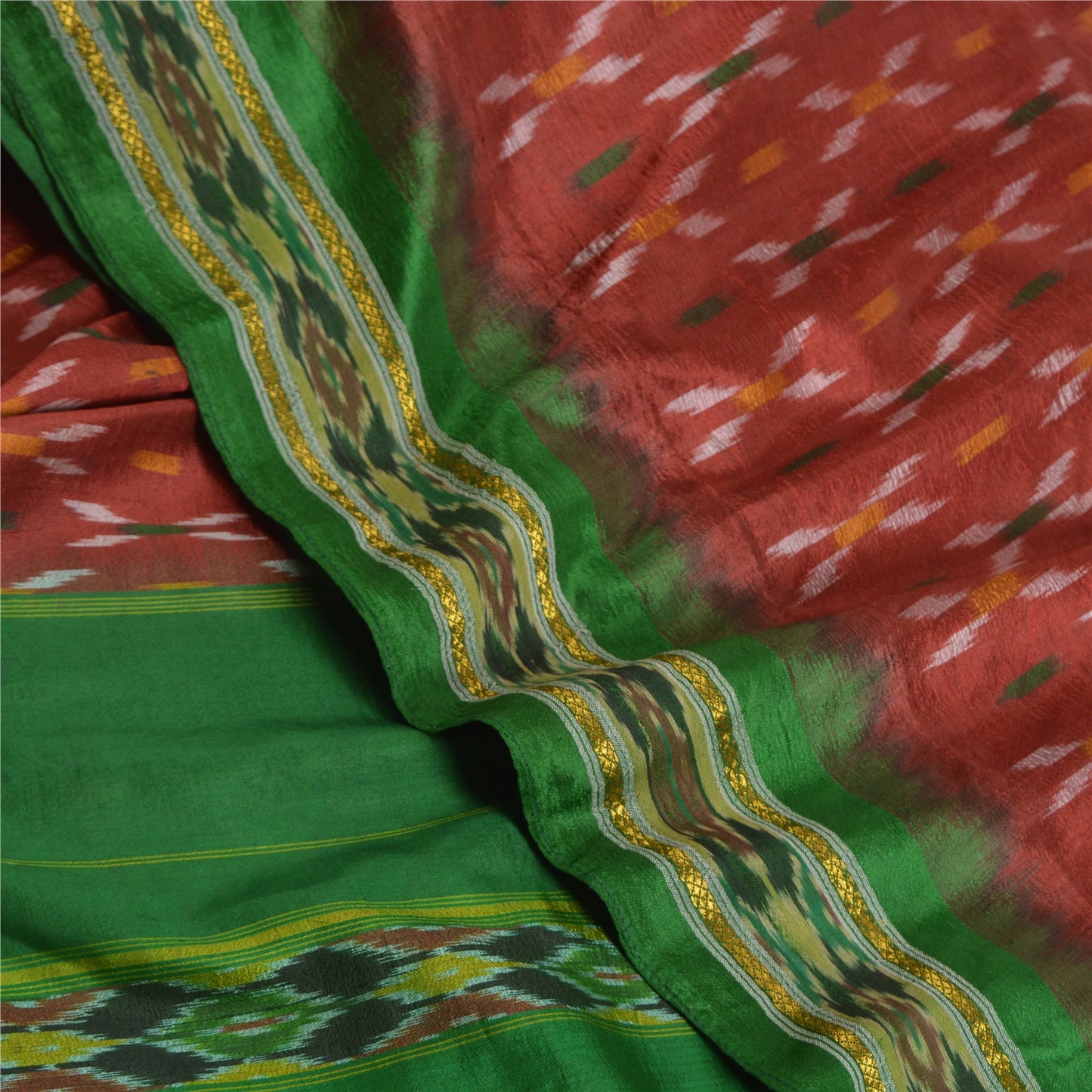 Sanskriti Vintage Sari 100% Pure Silk Red Sarees Woven Ikat 5yd Craft Fabric upholstery fabric
