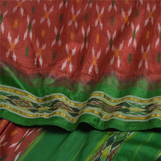 Sanskriti vintage Red Sarees Pochampally Pure Silk Woven Ikat Sari Craft Fabric