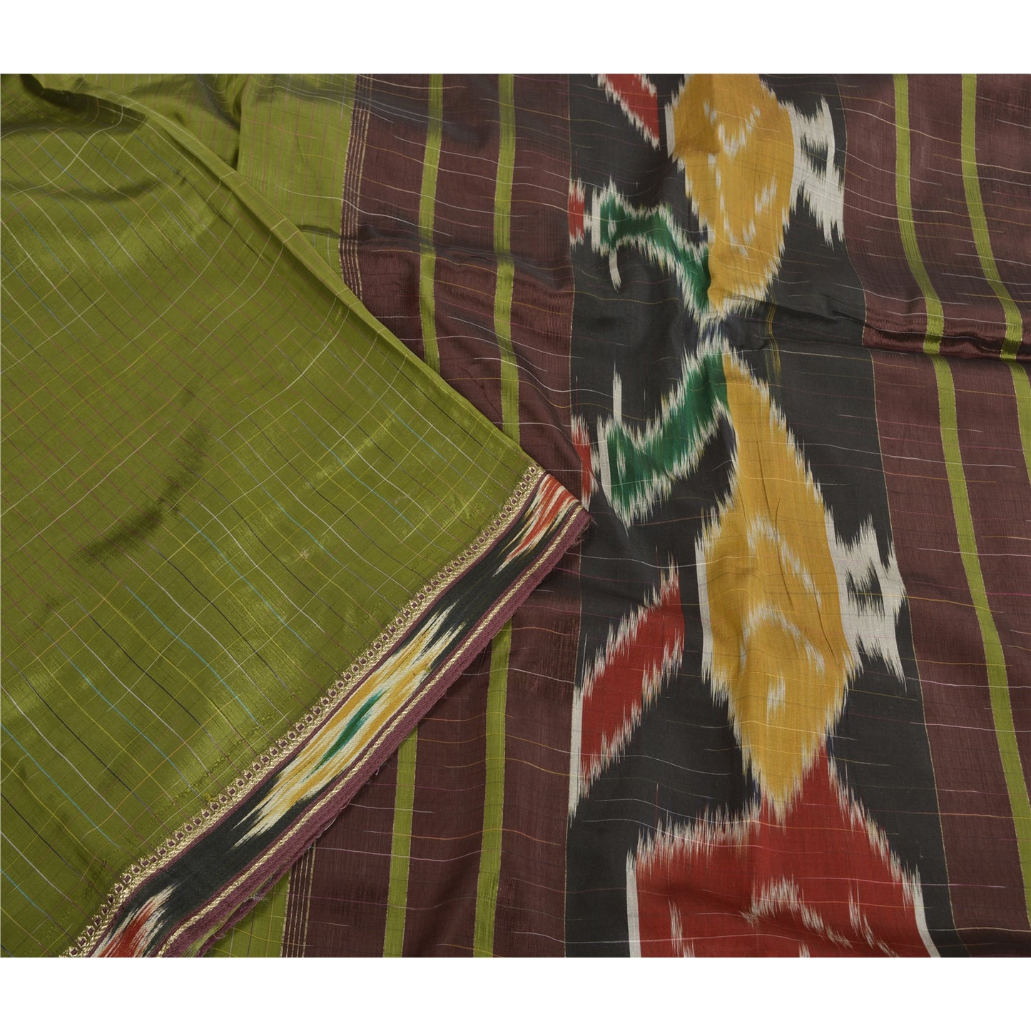 Sanskriti Vintage Saree 10% Pure Silk Green Patan Patola Peacock Handwoven Ikat Saree Sari 5 Yard Craft Fabric For Upcycled Sarongs,