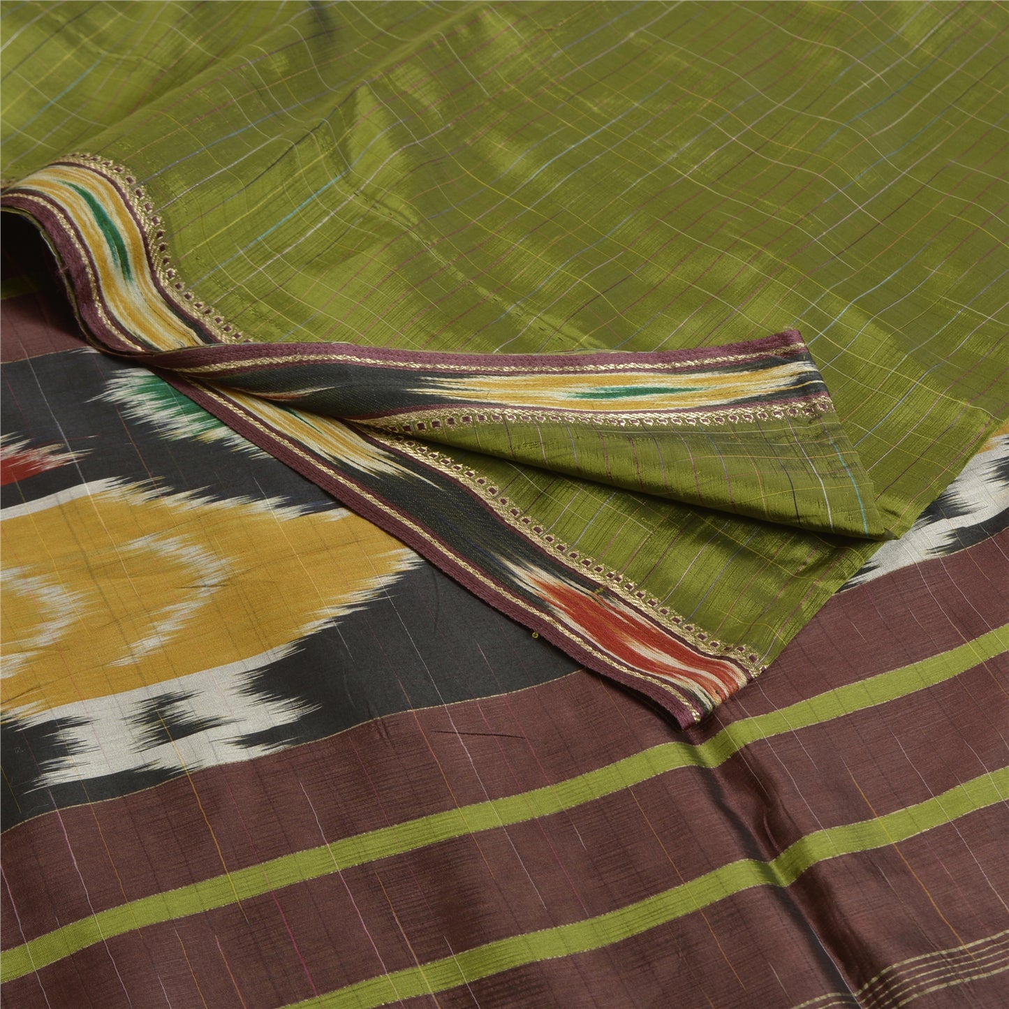 Sanskriti Vintage Saree 10% Pure Silk Green Patan Patola Peacock Handwoven Ikat Saree Sari 5 Yard Craft Fabric For Upcycled Sarongs,