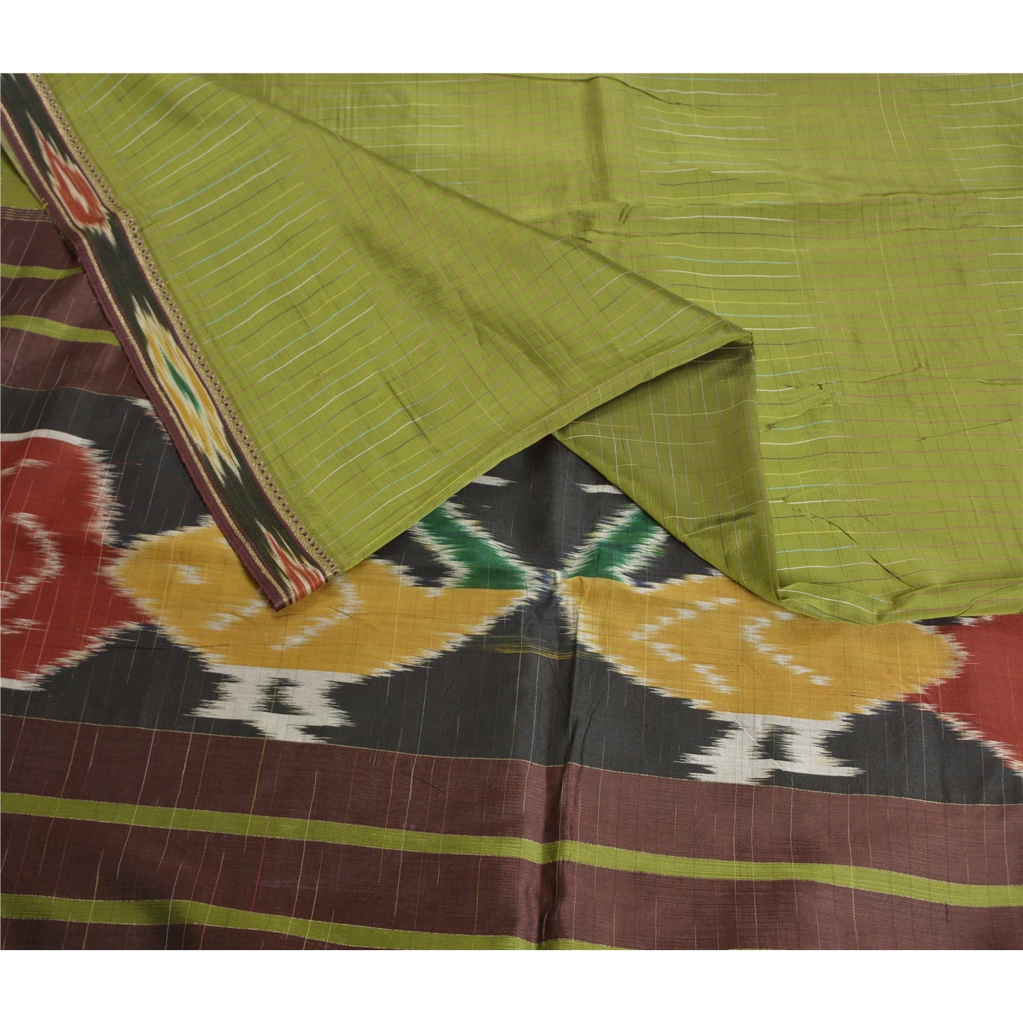 Sanskriti Vintage Saree 10% Pure Silk Green Patan Patola Peacock Handwoven Ikat Saree Sari 5 Yard Craft Fabric For Upcycled Sarongs,