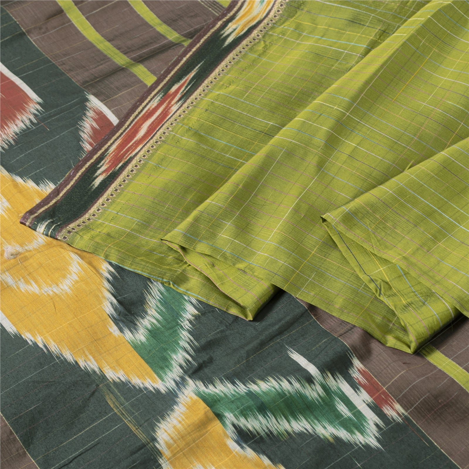Sanskriti Vintage Green Patan Patola Handwoven Ikat Saree Pure Silk Sari Fabric