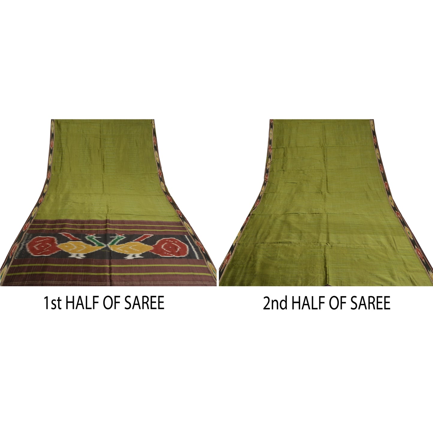 Sanskriti Vintage Saree 10% Pure Silk Green Patan Patola Peacock Handwoven Ikat Saree Sari 5 Yard Craft Fabric For Upcycled Sarongs,