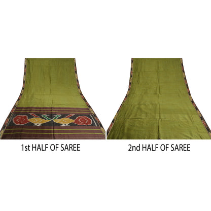 Sanskriti Vintage Saree 10% Pure Silk Green Patan Patola Peacock Handwoven Ikat Saree Sari 5 Yard Craft Fabric For Upcycled Sarongs,