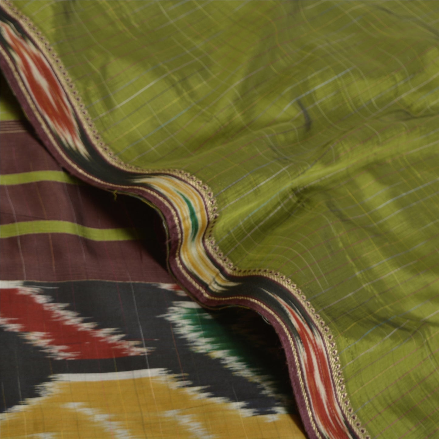 Sanskriti Vintage Saree 10% Pure Silk Green Patan Patola Peacock Handwoven Ikat Saree Sari 5 Yard Craft Fabric For Upcycled Sarongs,