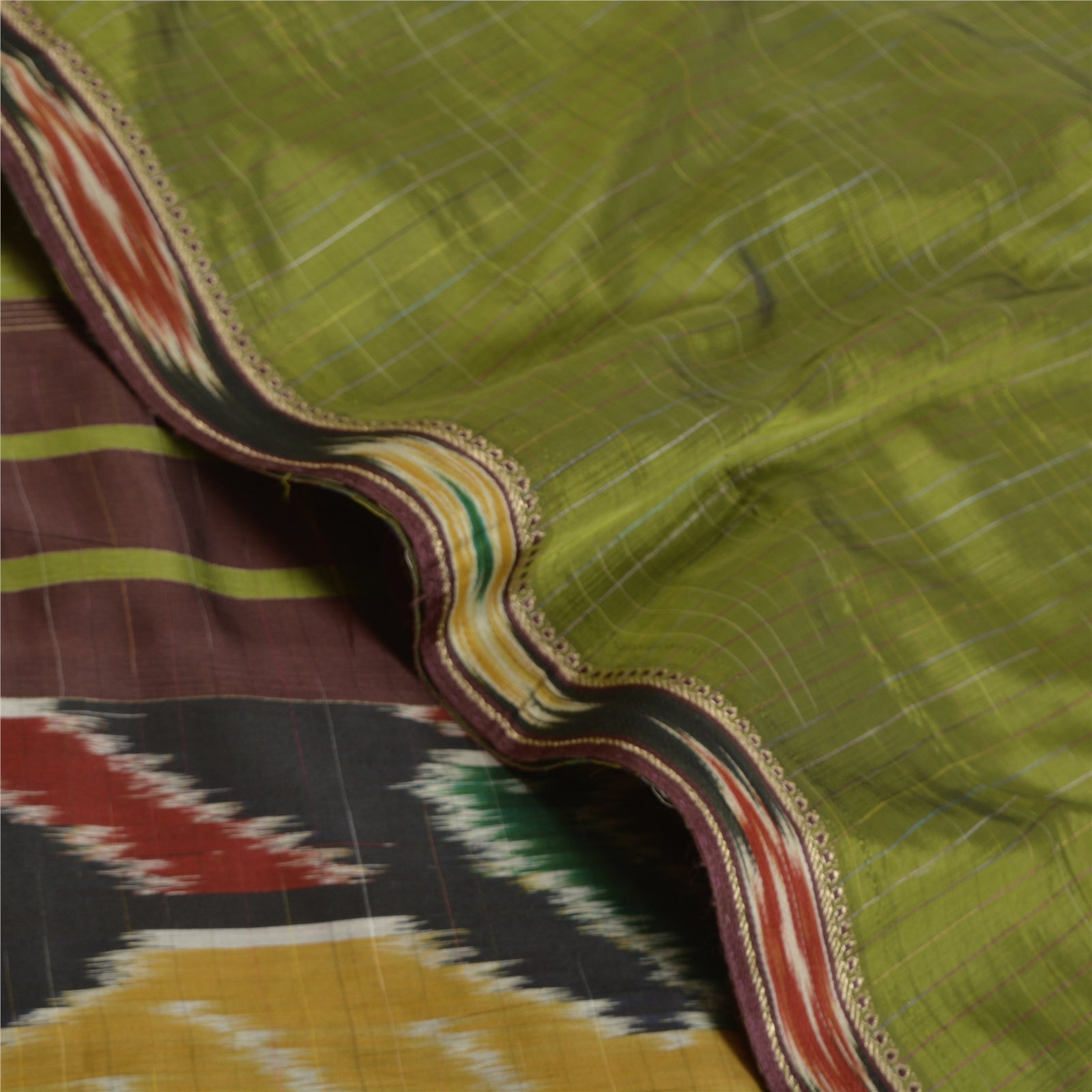 Sanskriti Vintage Green Patan Patola Handwoven Ikat Saree Pure Silk Sari Fabric