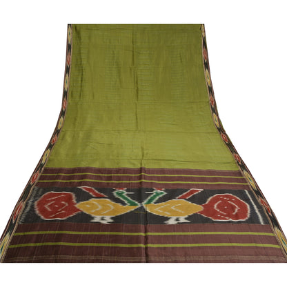 Sanskriti Vintage Saree 10% Pure Silk Green Patan Patola Peacock Handwoven Ikat Saree Sari 5 Yard Craft Fabric For Upcycled Sarongs,