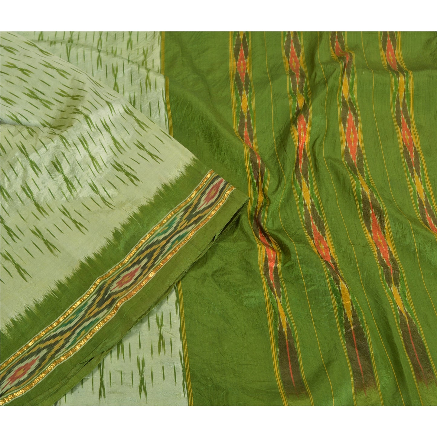 Sanskriti Vintage Green Pochampally Sarees Pure Silk Woven Ikat Sari Soft Fabric