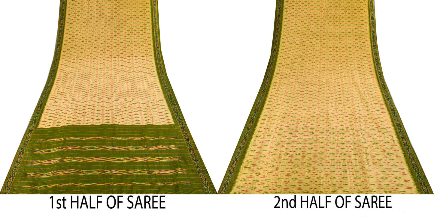 Sanskriti Vintage Golden-Green Pure Silk Saree Ikat Hand Woven Pochampally Sari