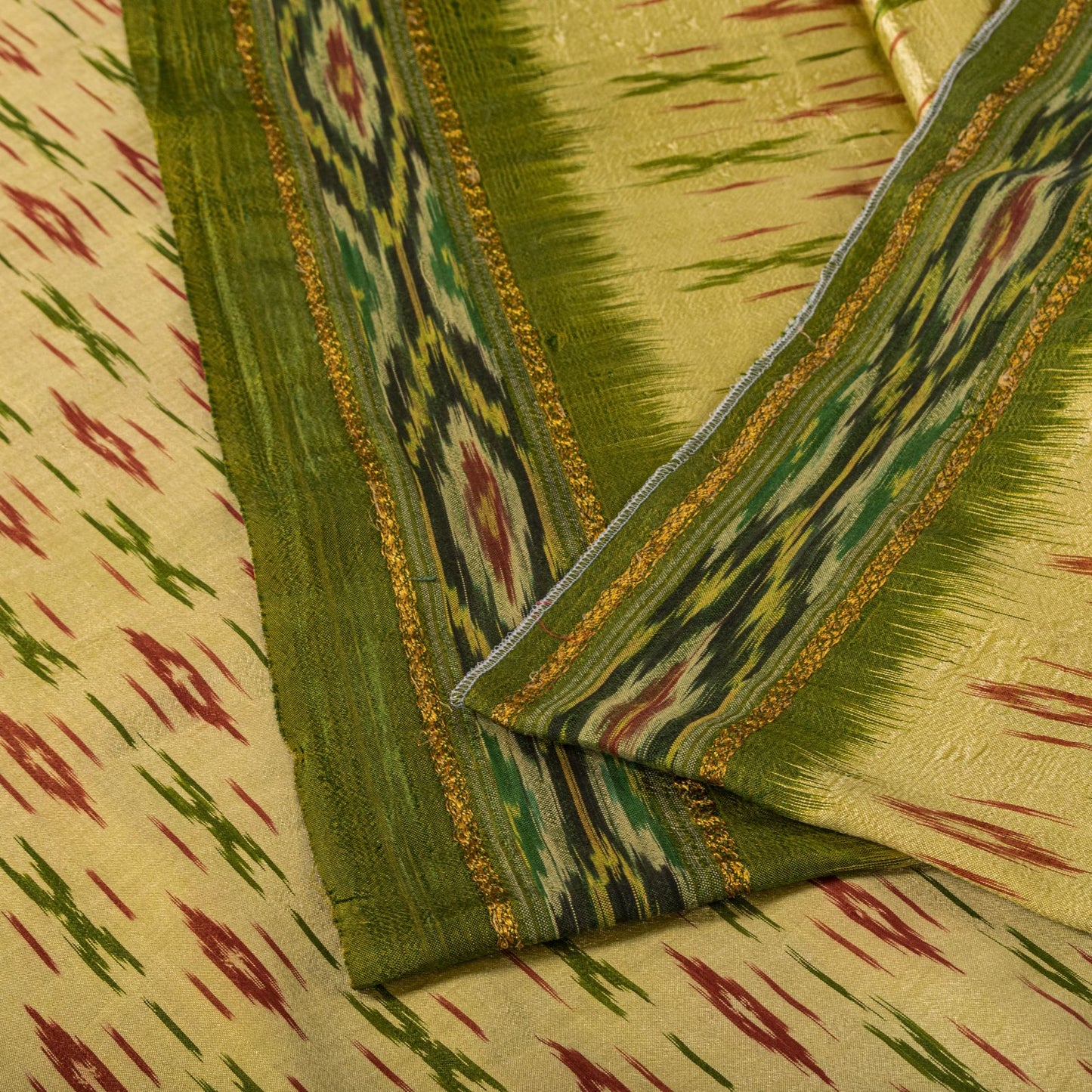 Sanskriti Vintage Golden-Green Pure Silk Saree Ikat Hand Woven Pochampally Sari
