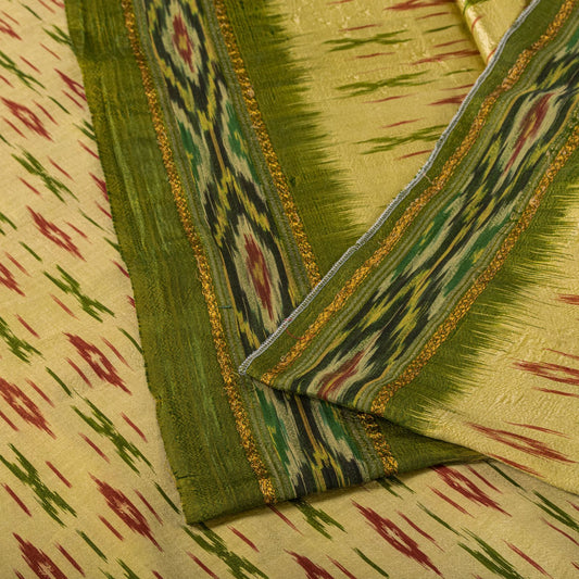 Sanskriti Vintage Golden-Green Pure Silk Saree Ikat Hand Woven Pochampally Sari