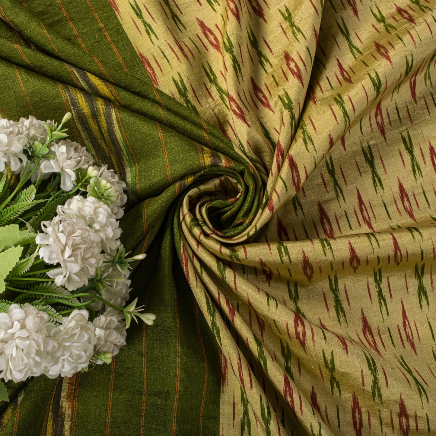 Sanskriti Vintage Golden-Green Pure Silk Saree Ikat Hand Woven Pochampally Sari