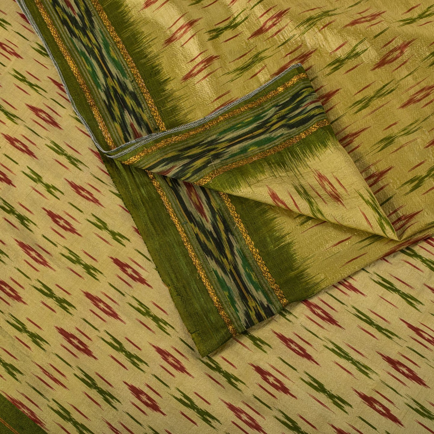 Sanskriti Vintage Golden-Green Pure Silk Saree Ikat Hand Woven Pochampally Sari