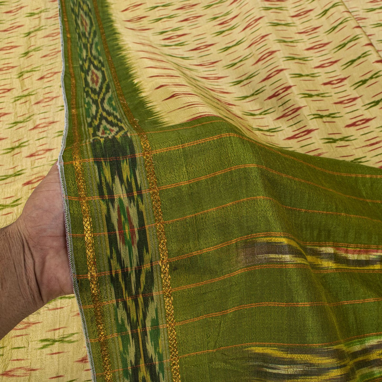 Sanskriti Vintage Golden-Green Pure Silk Saree Ikat Hand Woven Pochampally Sari