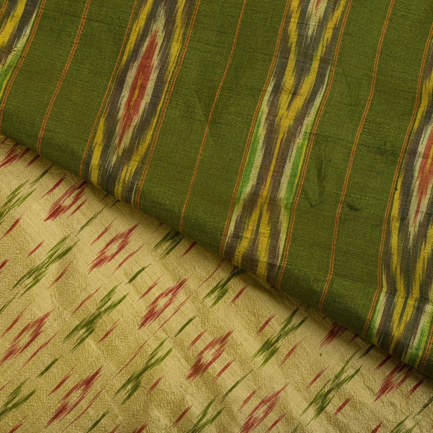 Sanskriti Vintage Golden-Green Pure Silk Saree Ikat Hand Woven Pochampally Sari