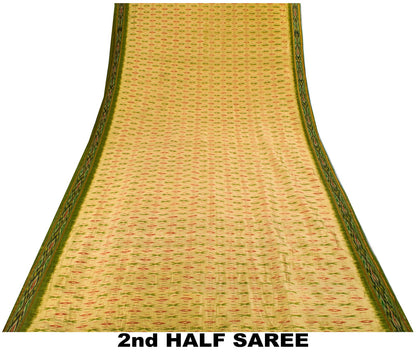 Sanskriti Vintage Golden-Green Pure Silk Saree Ikat Hand Woven Pochampally Sari