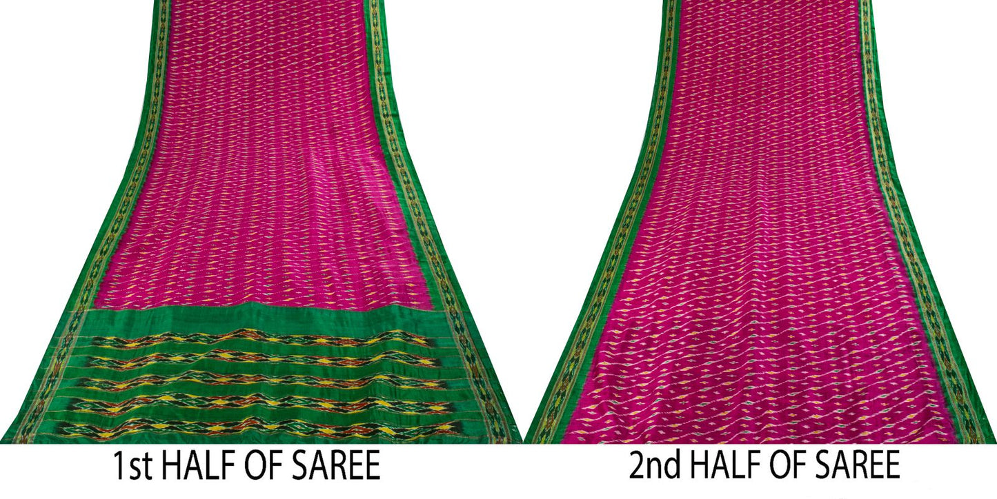 Sanskriti Vintage Pink 100%Pure Silk Saree Ikat Hand Woven Pochampally 6+Yd Sari