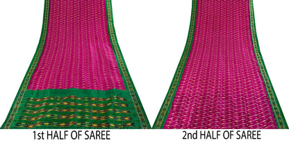 Sanskriti Vintage Pink 100%Pure Silk Saree Ikat Hand Woven Pochampally 6+Yd Sari