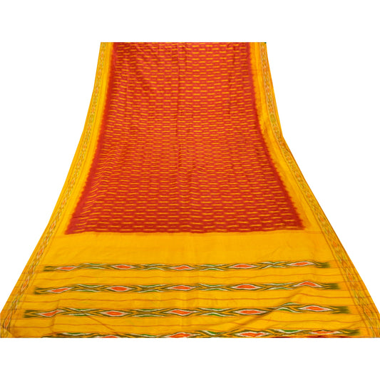 Sanskriti Vintage Red Ikat Woven Pochampally Sarees Pure Silk Sari Craft Fabric