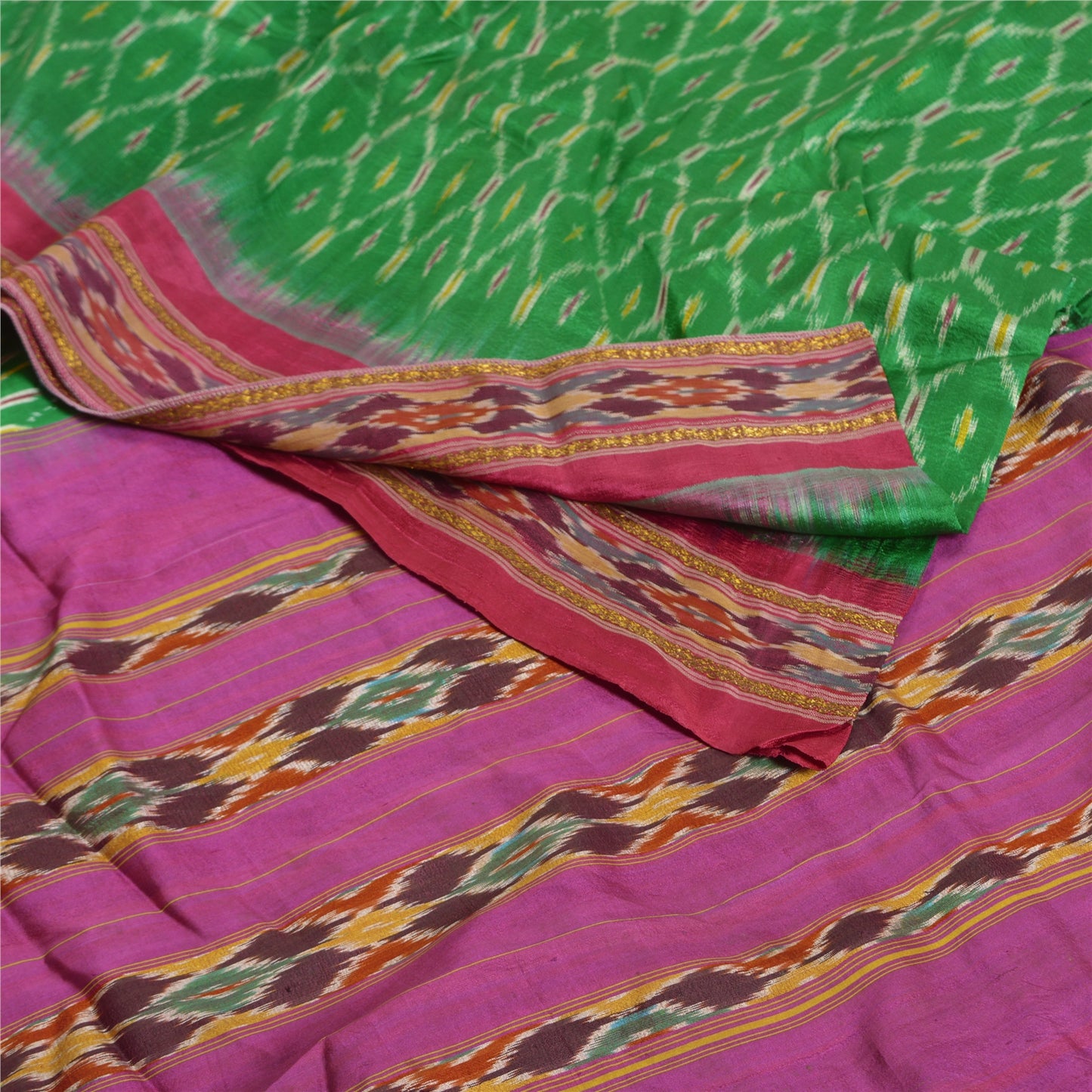 Sanskriti Vintage Sarees Green Pochampally IkatWoven Pure Silk Sari Craft Fabric