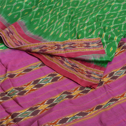 Sanskriti Vintage Sarees Green Pochampally IkatWoven Pure Silk Sari Craft Fabric
