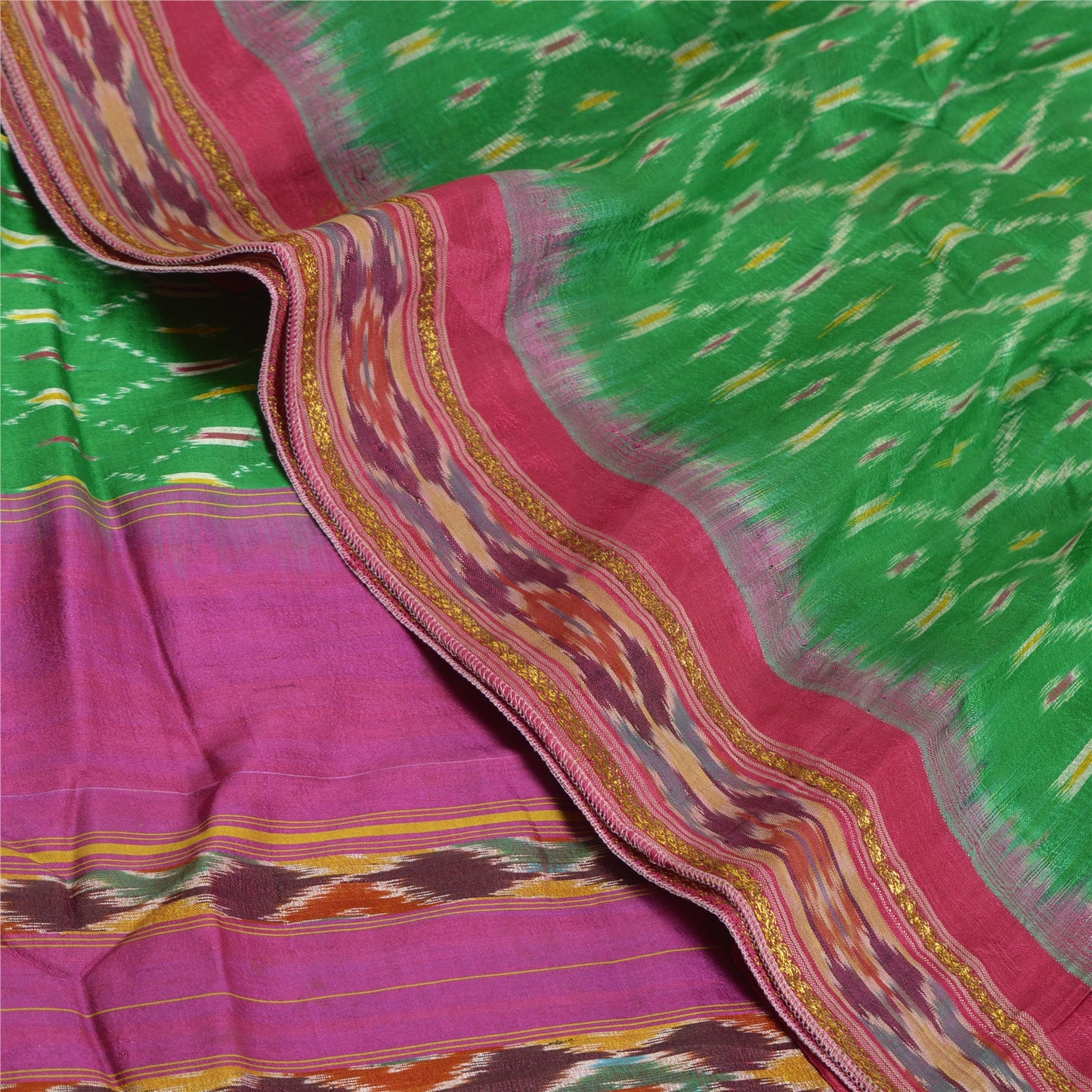 Sanskriti Vintage Sarees Green Pochampally IkatWoven Pure Silk Sari Craft Fabric