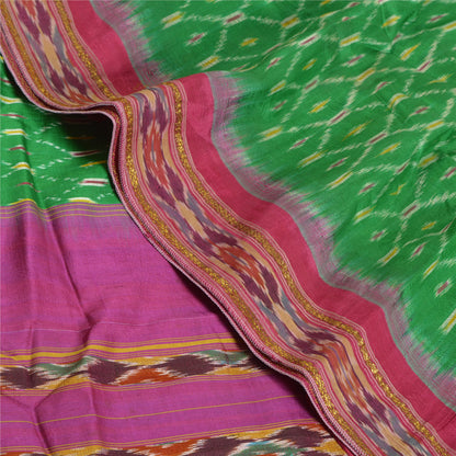 Sanskriti Vintage Sarees Green Pochampally IkatWoven Pure Silk Sari Craft Fabric
