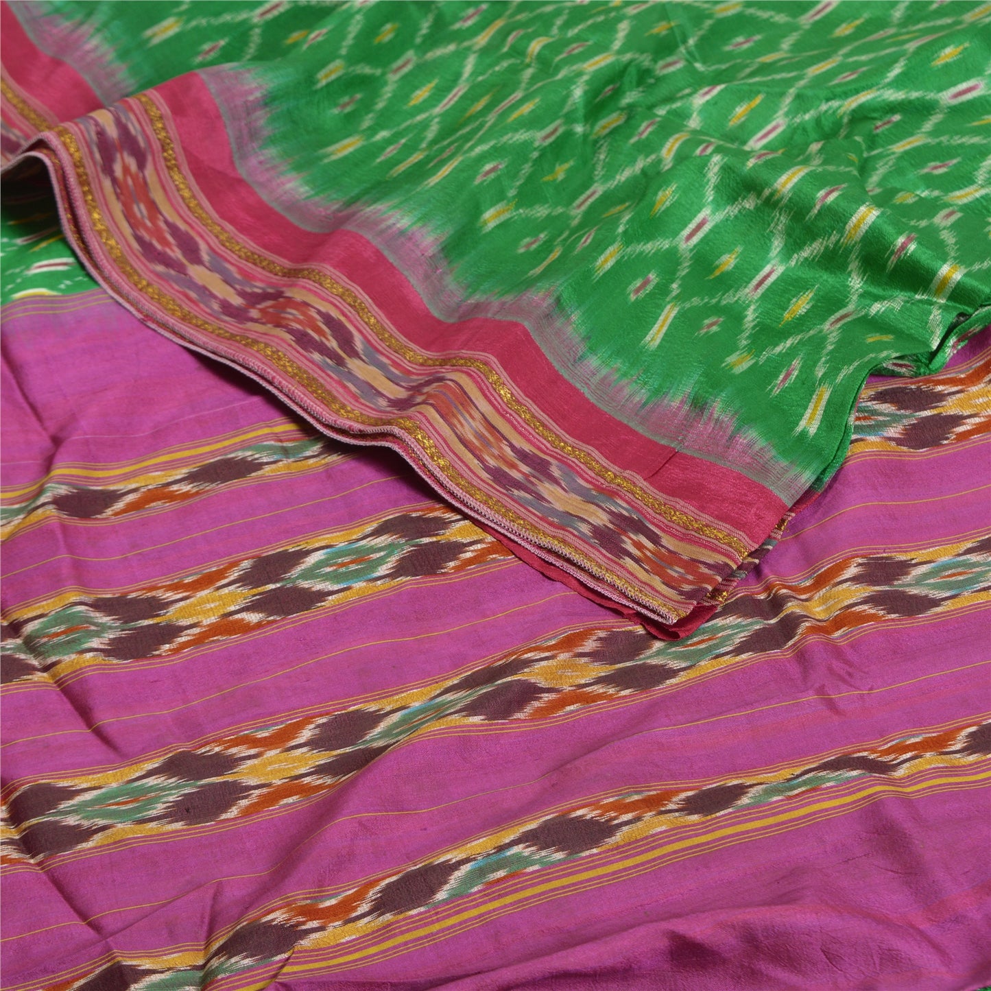 Sanskriti Vintage Sarees Green Pochampally IkatWoven Pure Silk Sari Craft Fabric