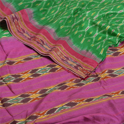Sanskriti Vintage Sarees Green Pochampally IkatWoven Pure Silk Sari Craft Fabric