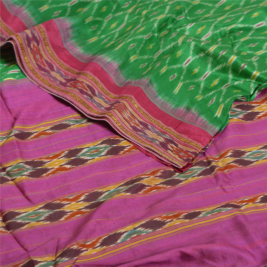 Sanskriti Vintage Sarees Green Pochampally IkatWoven Pure Silk Sari Craft Fabric