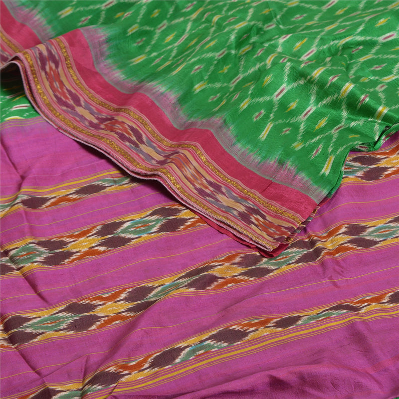Sanskriti Vintage Sarees Green Pochampally IkatWoven Pure Silk Sari Craft Fabric