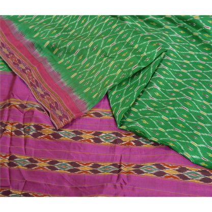 Sanskriti Vintage Sarees Green Pochampally IkatWoven Pure Silk Sari Craft Fabric