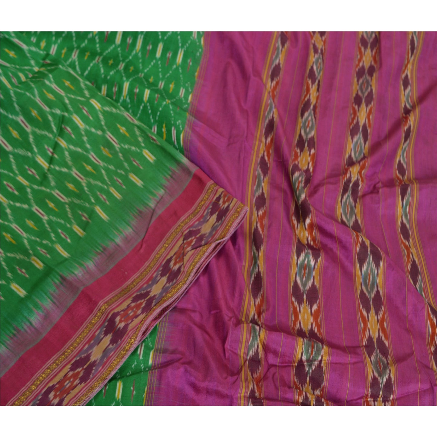 Sanskriti Vintage Sarees Green Pochampally IkatWoven Pure Silk Sari Craft Fabric