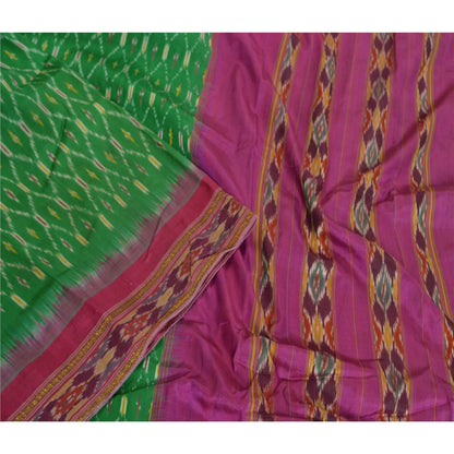 Sanskriti Vintage Sarees Green Pochampally IkatWoven Pure Silk Sari Craft Fabric