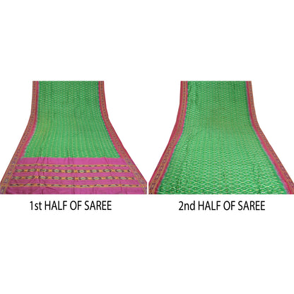 Sanskriti Vintage Sarees Green Pochampally IkatWoven Pure Silk Sari Craft Fabric