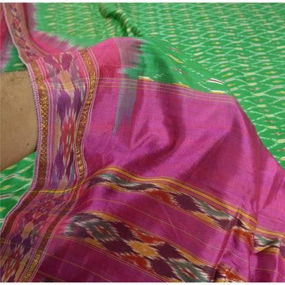 Sanskriti Vintage Sarees Green Pochampally IkatWoven Pure Silk Sari Craft Fabric