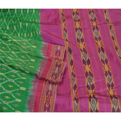 Sanskriti Vintage Sarees Green Pochampally IkatWoven Pure Silk Sari Craft Fabric