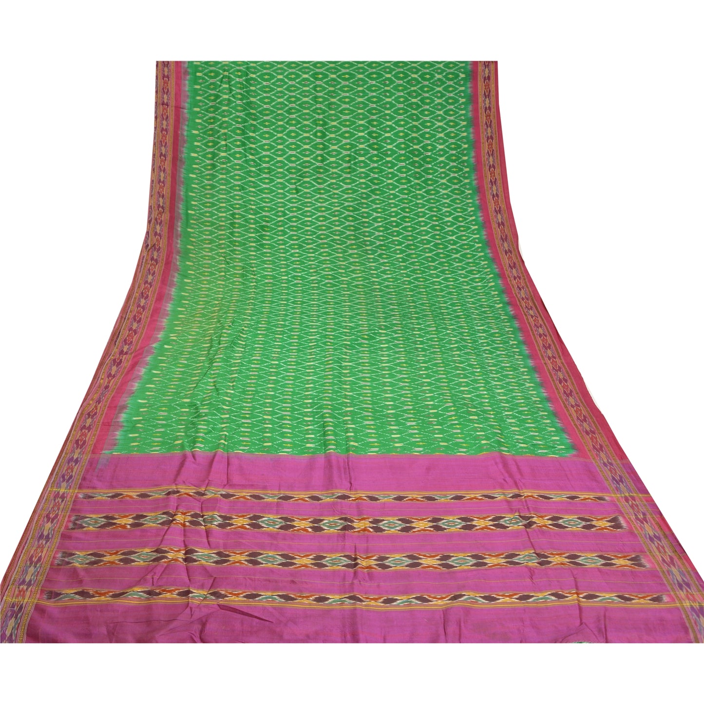 Sanskriti Vintage Sarees Green Pochampally IkatWoven Pure Silk Sari Craft Fabric