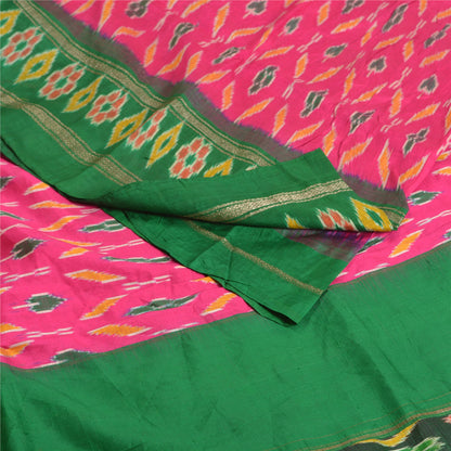 Sanskriti Vintage Pochampally Pink Ikat Woven Sarees Pure Silk Sari Craft Fabric
