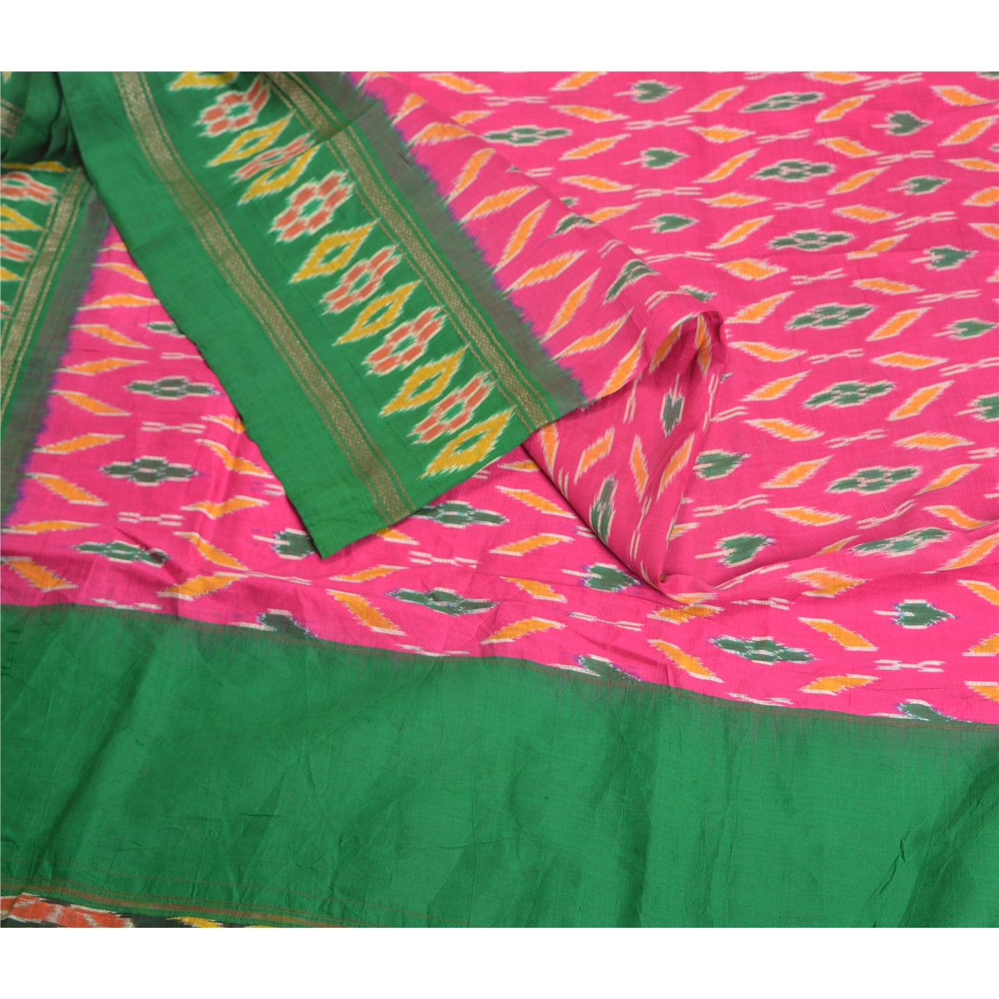 Sanskriti Vintage Pochampally Pink Ikat Woven Sarees Pure Silk Sari Craft Fabric