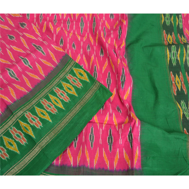 Sanskriti Vintage Pochampally Pink Ikat Woven Sarees Pure Silk Sari Craft Fabric