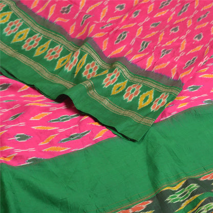 Sanskriti Vintage Pochampally Pink Ikat Woven Sarees Pure Silk Sari Craft Fabric