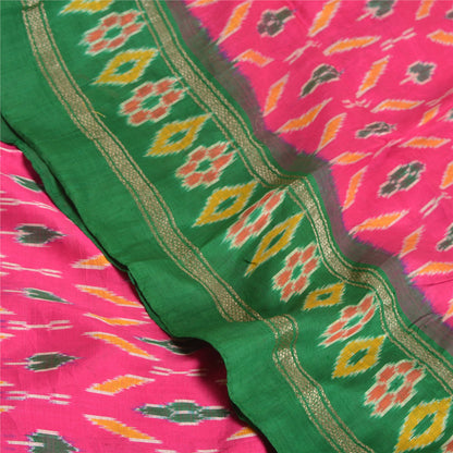 Sanskriti Vintage Pochampally Pink Ikat Woven Sarees Pure Silk Sari Craft Fabric
