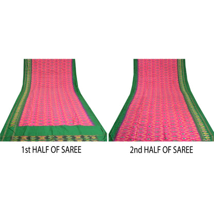Sanskriti Vintage Pochampally Pink Ikat Woven Sarees Pure Silk Sari Craft Fabric