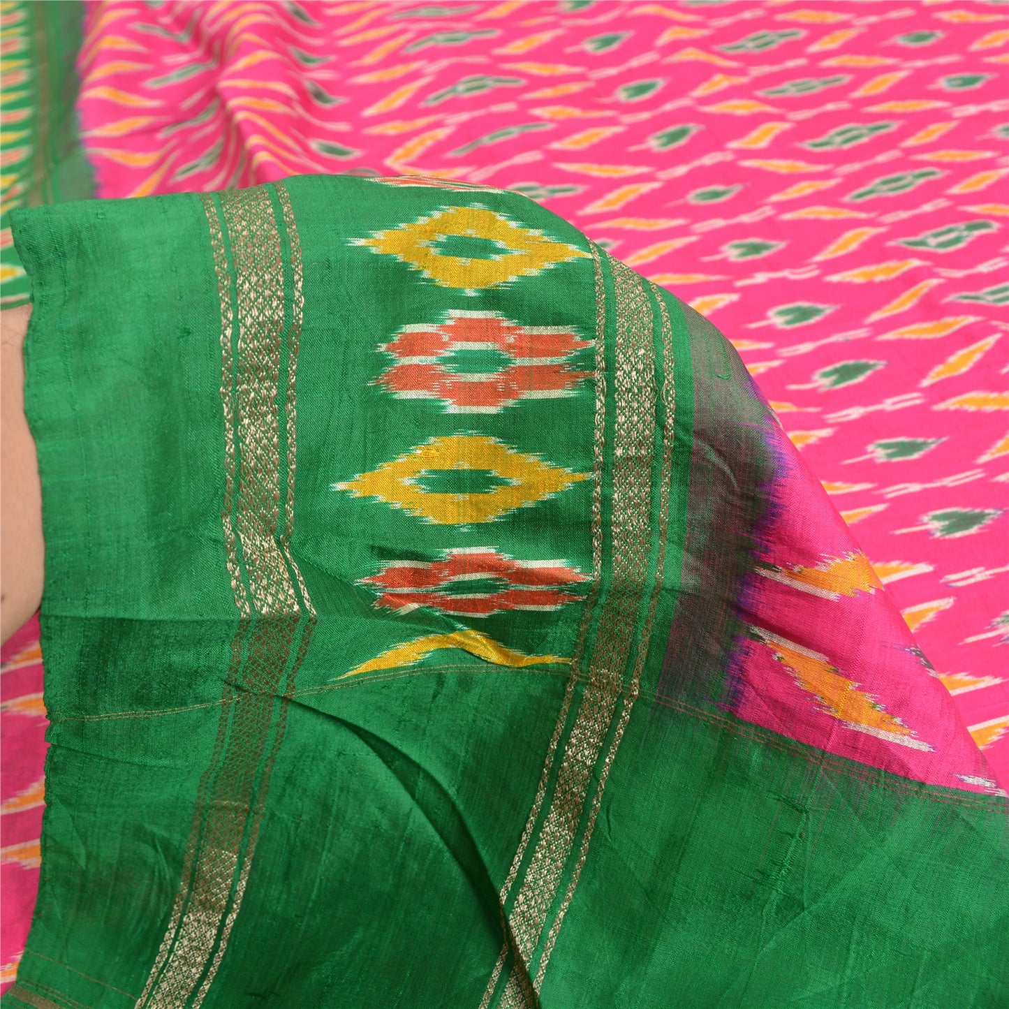 Sanskriti Vintage Pochampally Pink Ikat Woven Sarees Pure Silk Sari Craft Fabric